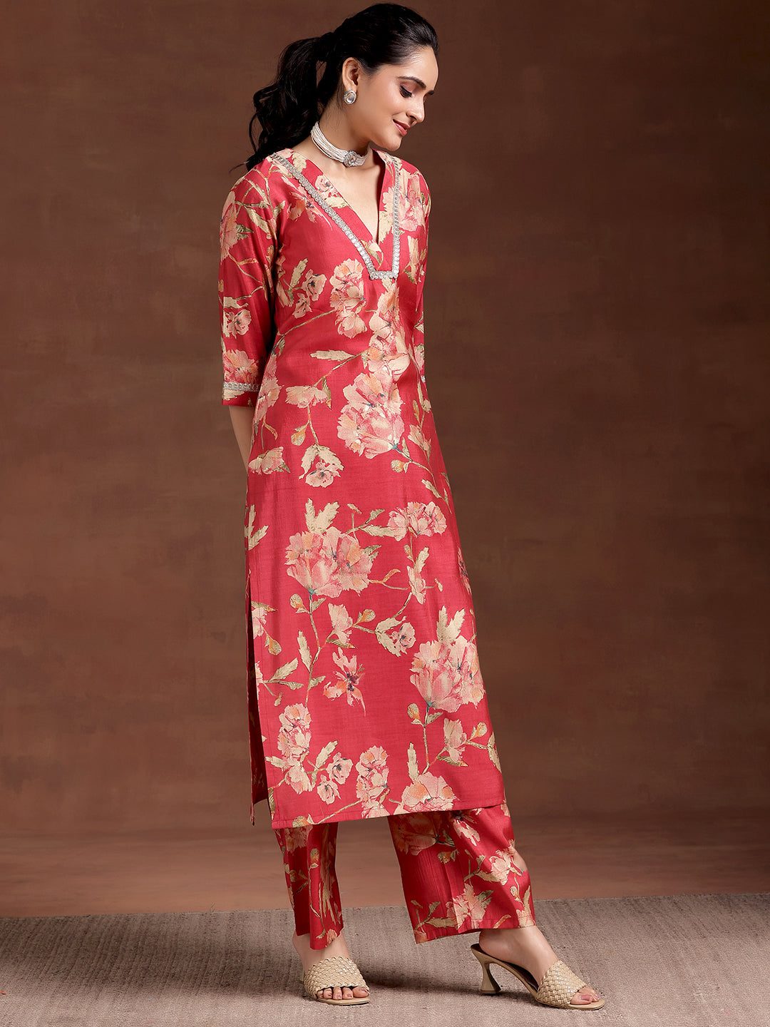 Red Printed Silk Blend Straight Kurta Set