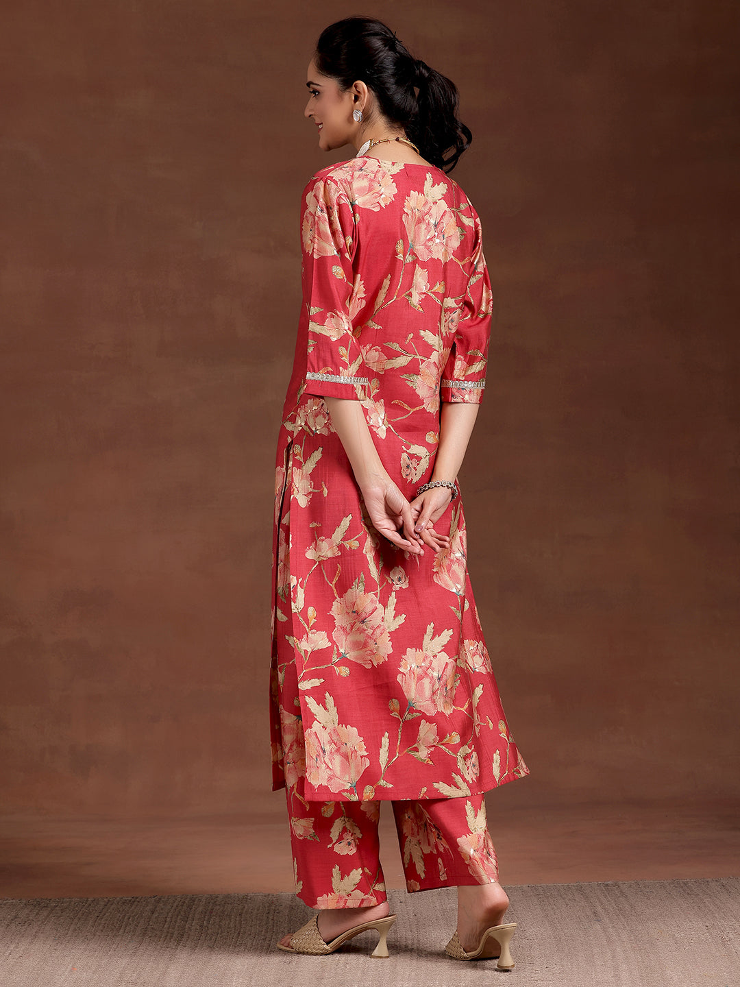 Red Printed Silk Blend Straight Kurta Set