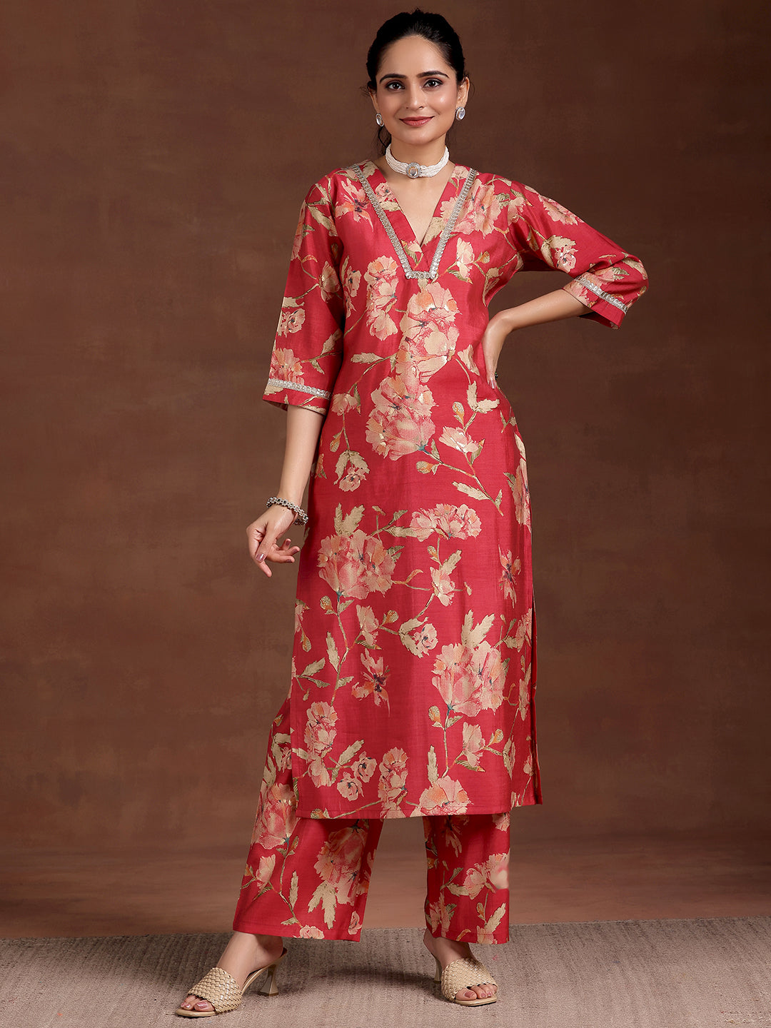 Red Printed Silk Blend Straight Kurta Set