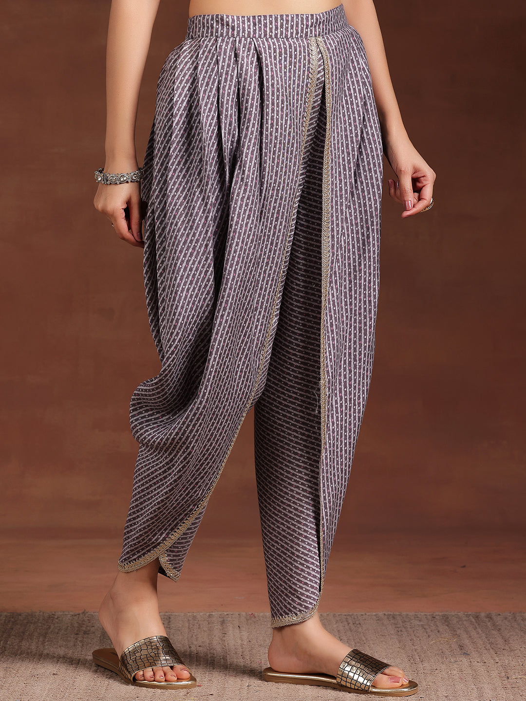 Grey Printed Silk Blend A-Line Kurta With Dhoti Pants