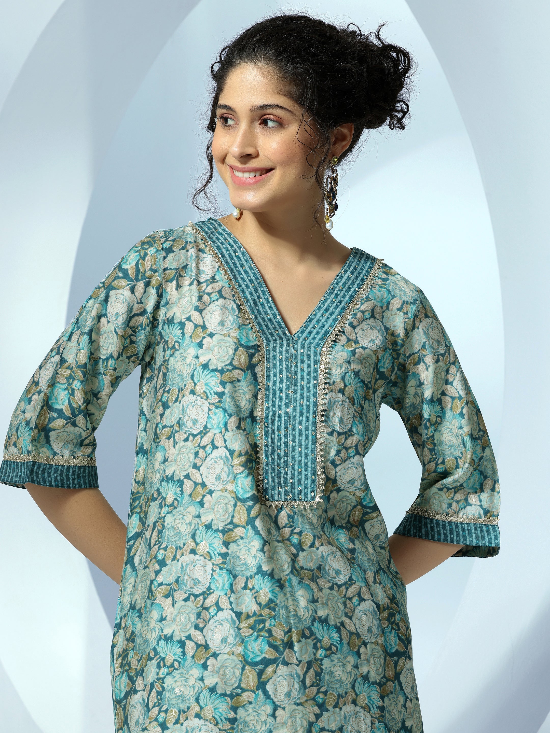 Blue Printed Silk Blend A-Line Kurta With Dhoti Pants