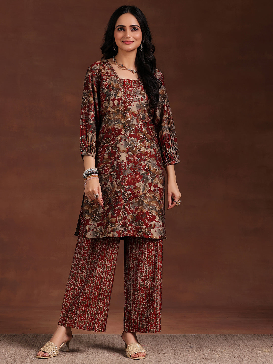 Maroon Printed Silk Blend Straight Kurta Set