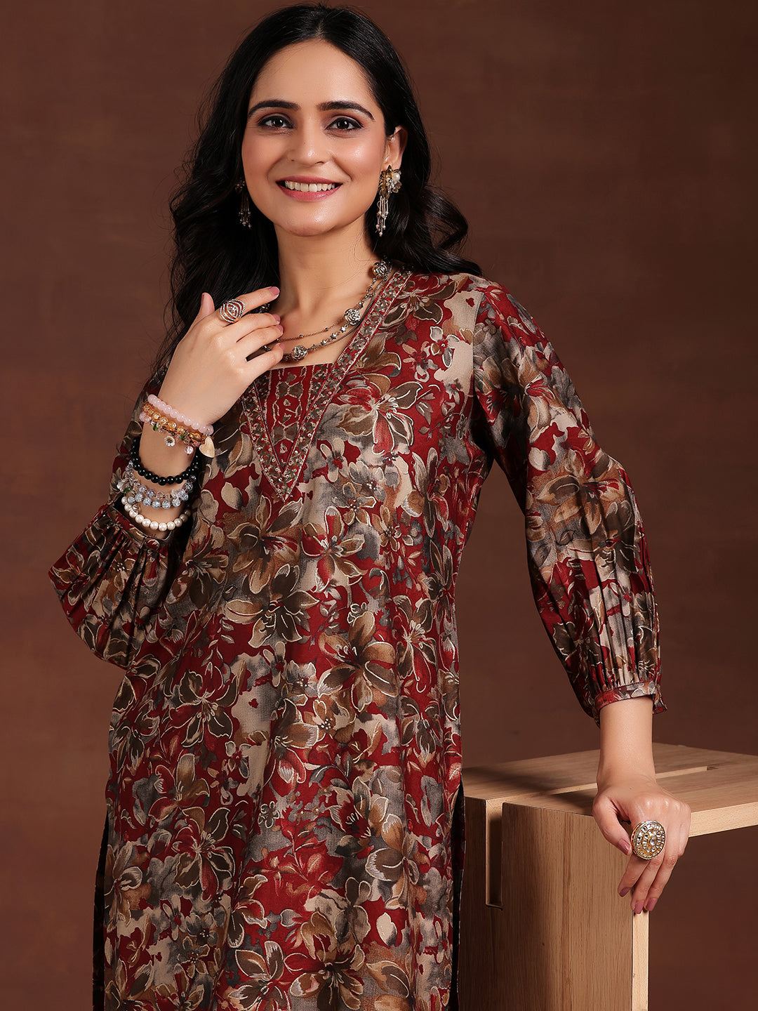 Maroon Printed Silk Blend Straight Kurta Set