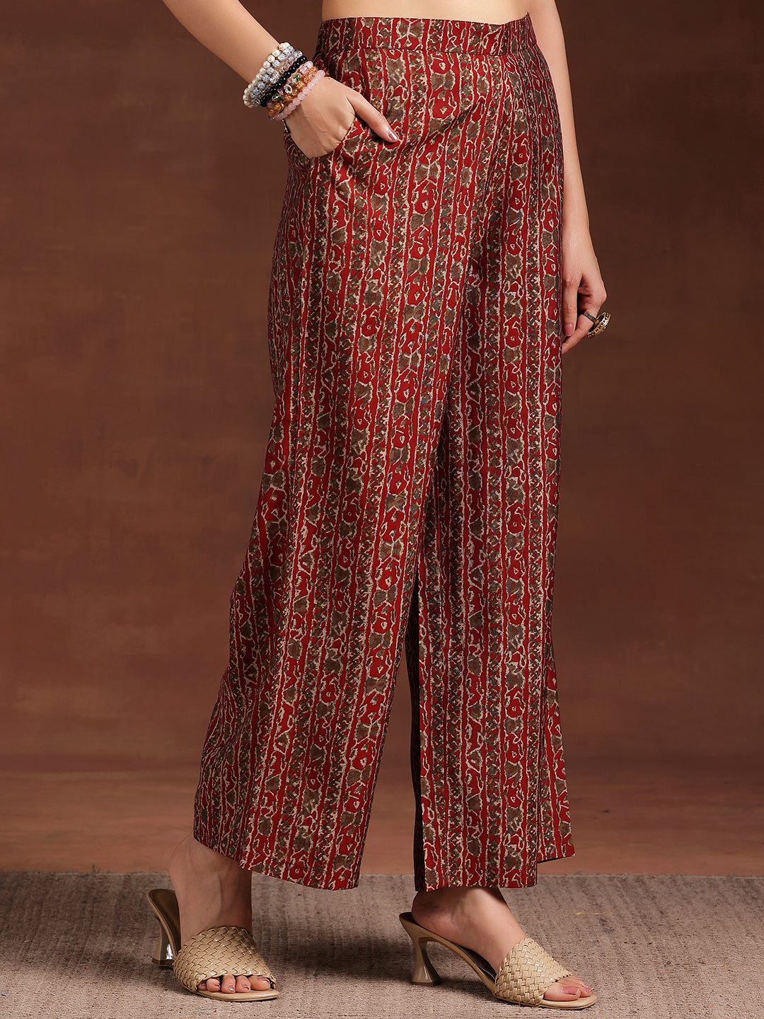 Maroon Printed Silk Blend Straight Kurta Set