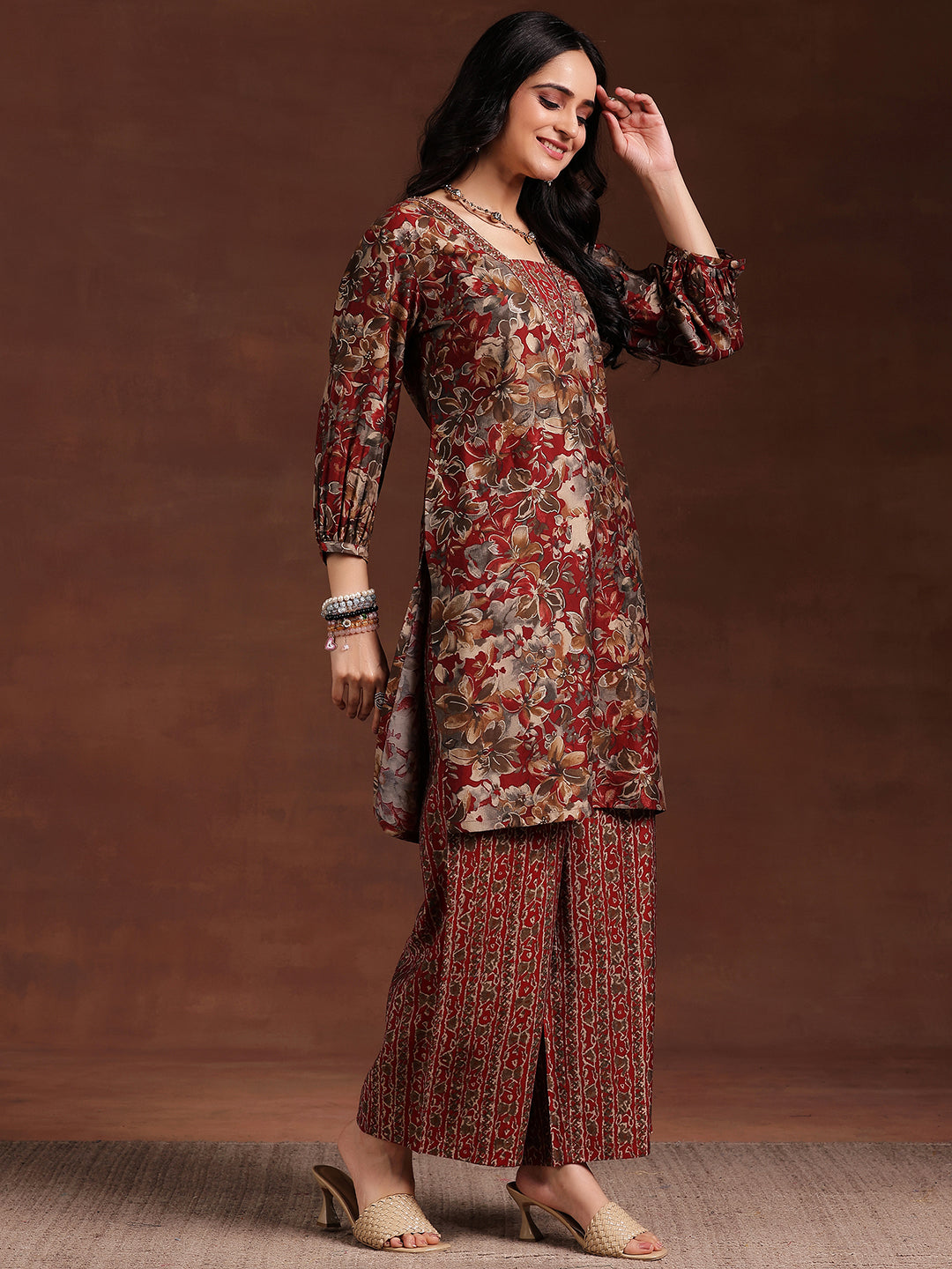 Maroon Printed Silk Blend Straight Kurta Set