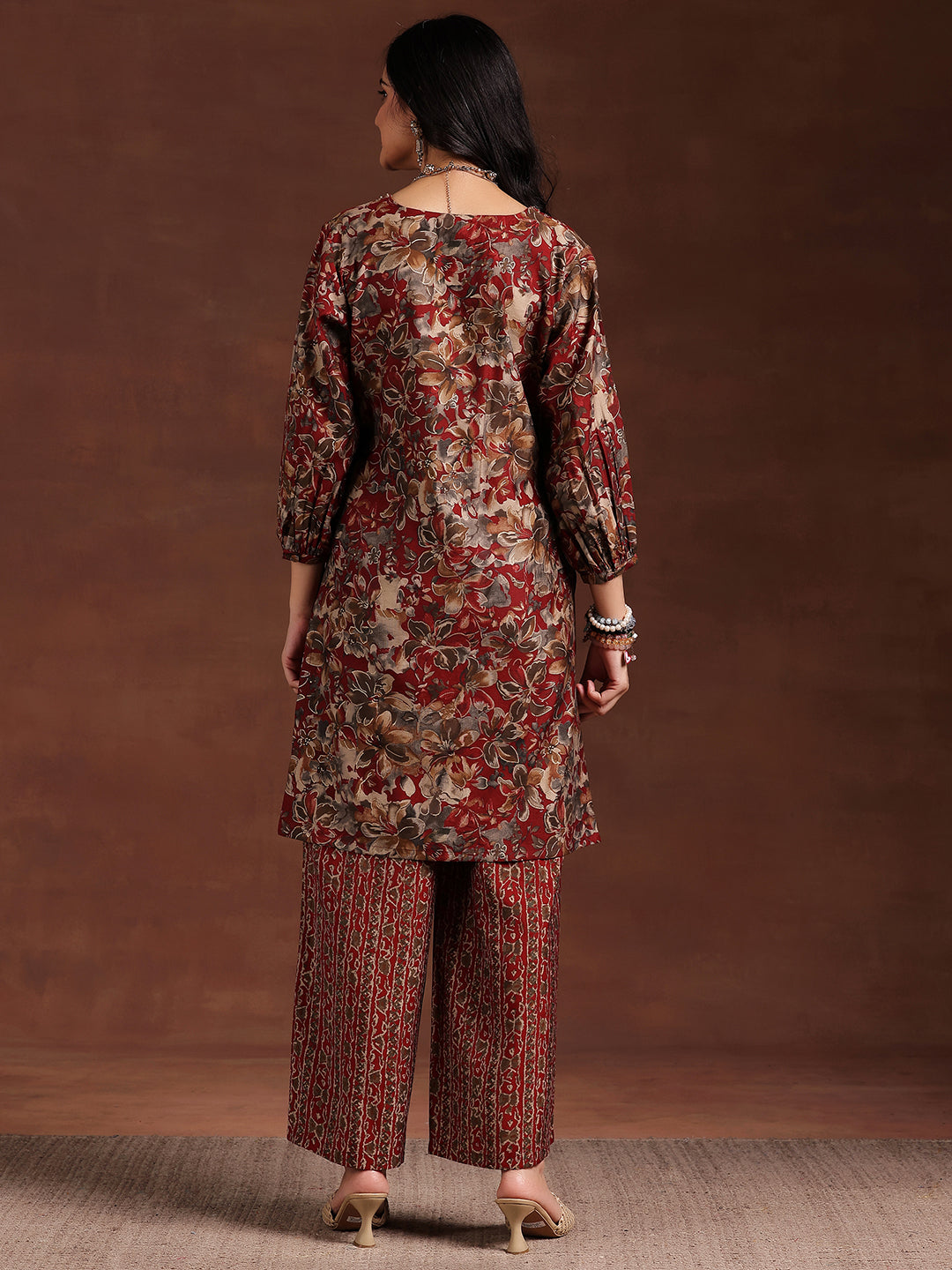 Maroon Printed Silk Blend Straight Kurta Set