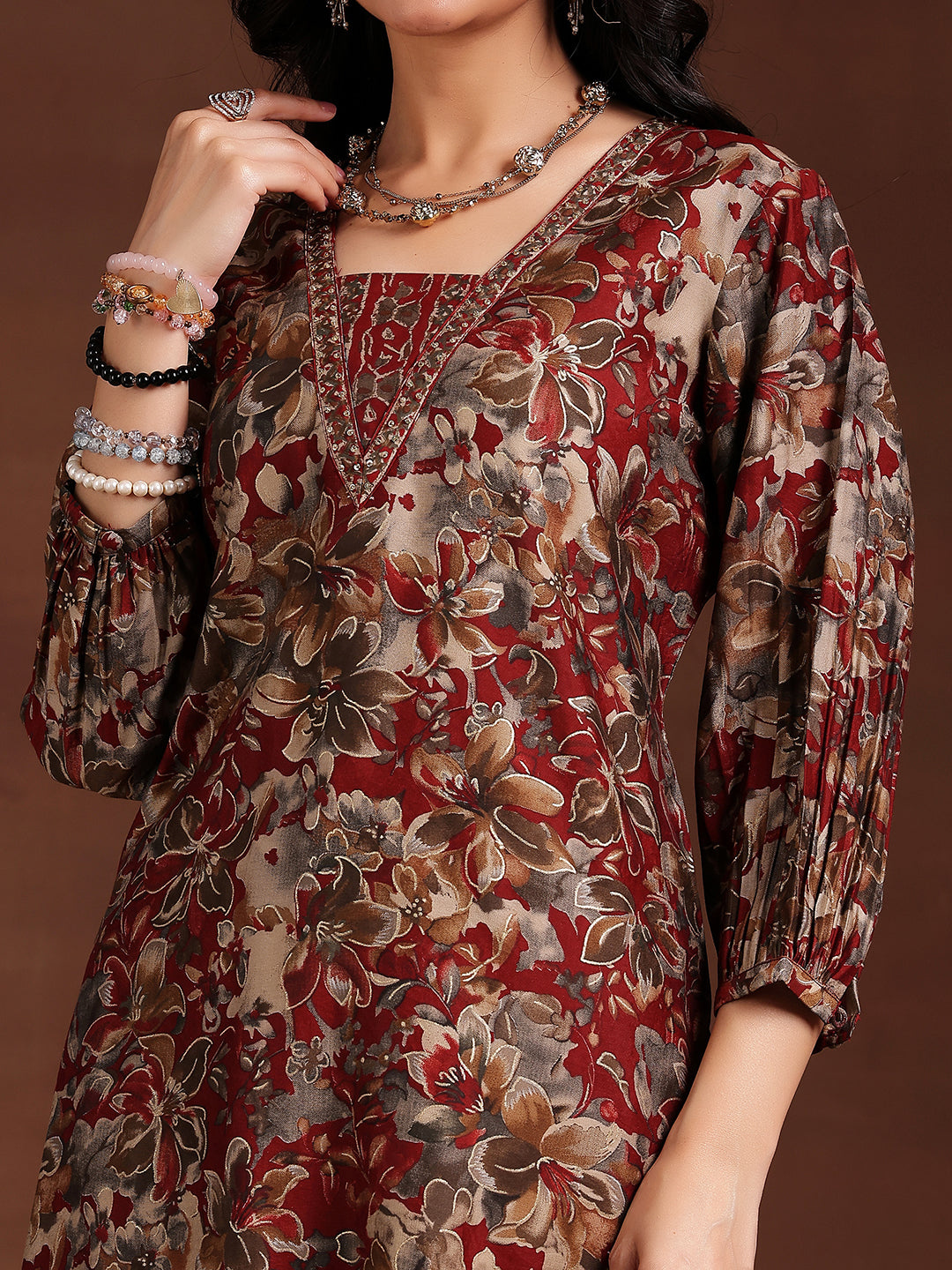 Maroon Printed Silk Blend Straight Kurta Set