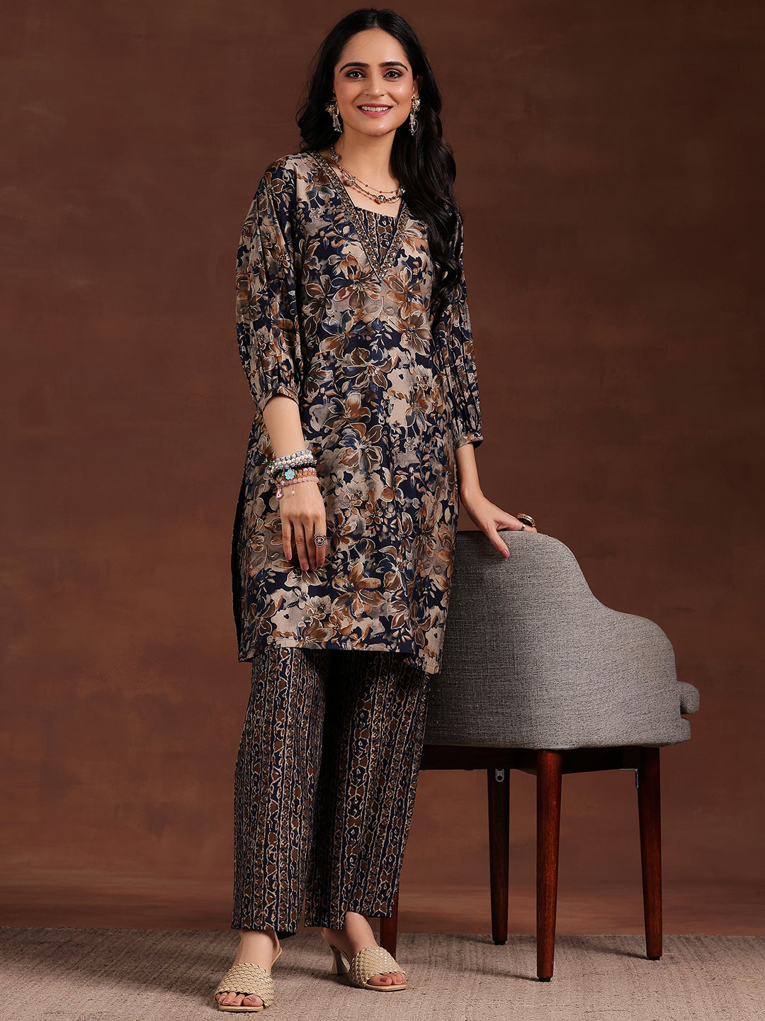 Blue Printed Silk Blend Straight Kurta Set