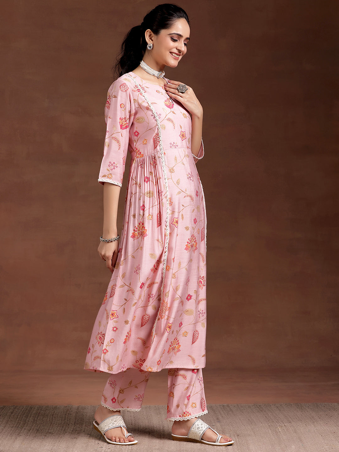 Pink Printed Silk Blend A-Line Kurta With Trousers