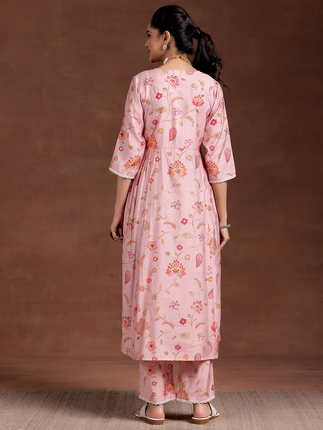 Pink Printed Silk Blend A-Line Kurta With Trousers