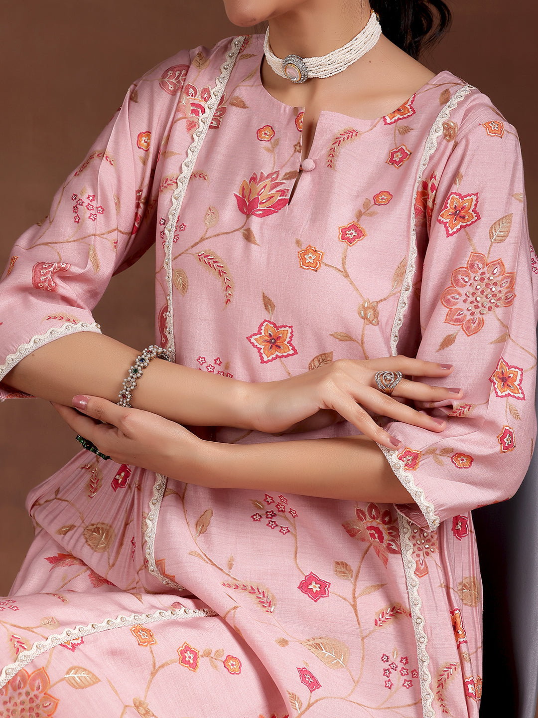 Pink Printed Silk Blend A-Line Kurta With Trousers