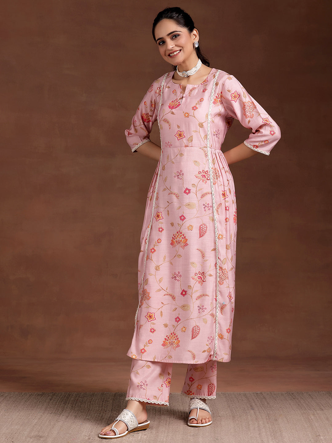 Pink Printed Silk Blend A-Line Kurta With Trousers