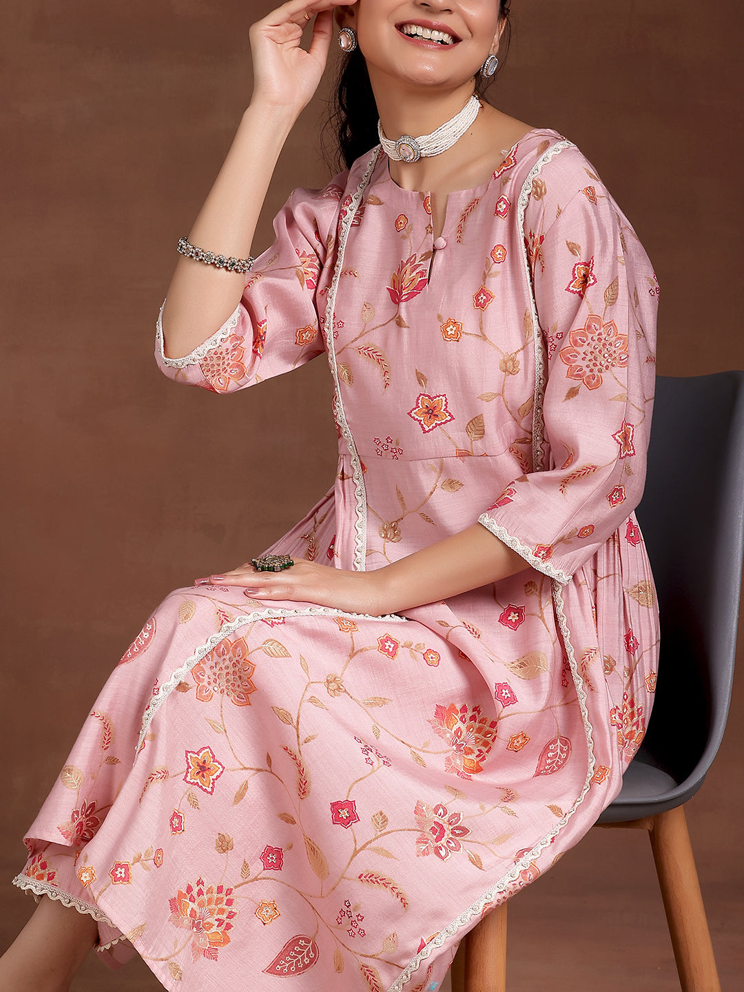 Pink Printed Silk Blend A-Line Kurta With Trousers