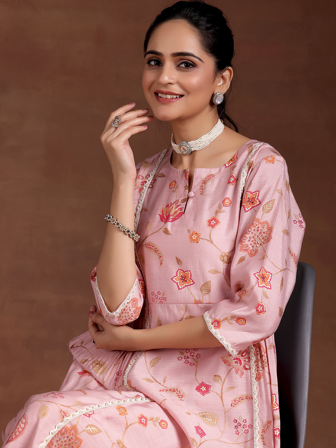 Pink Printed Silk Blend A-Line Kurta With Trousers