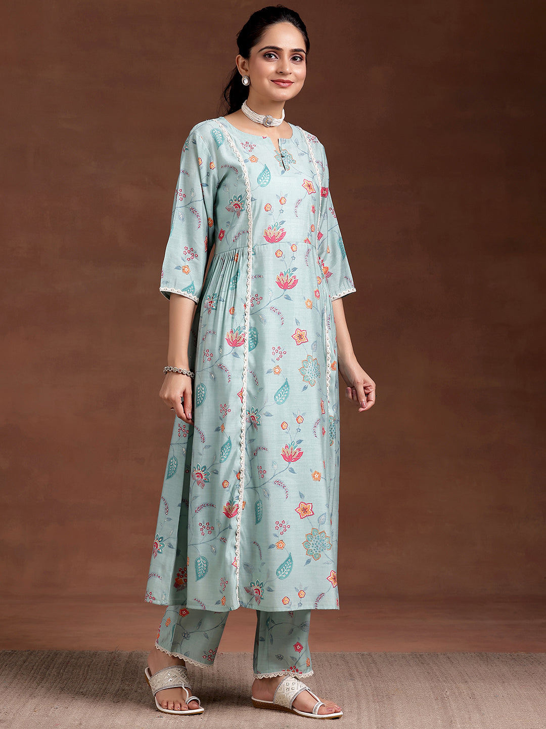 Blue Printed Silk Blend A-Line Kurta With Trousers