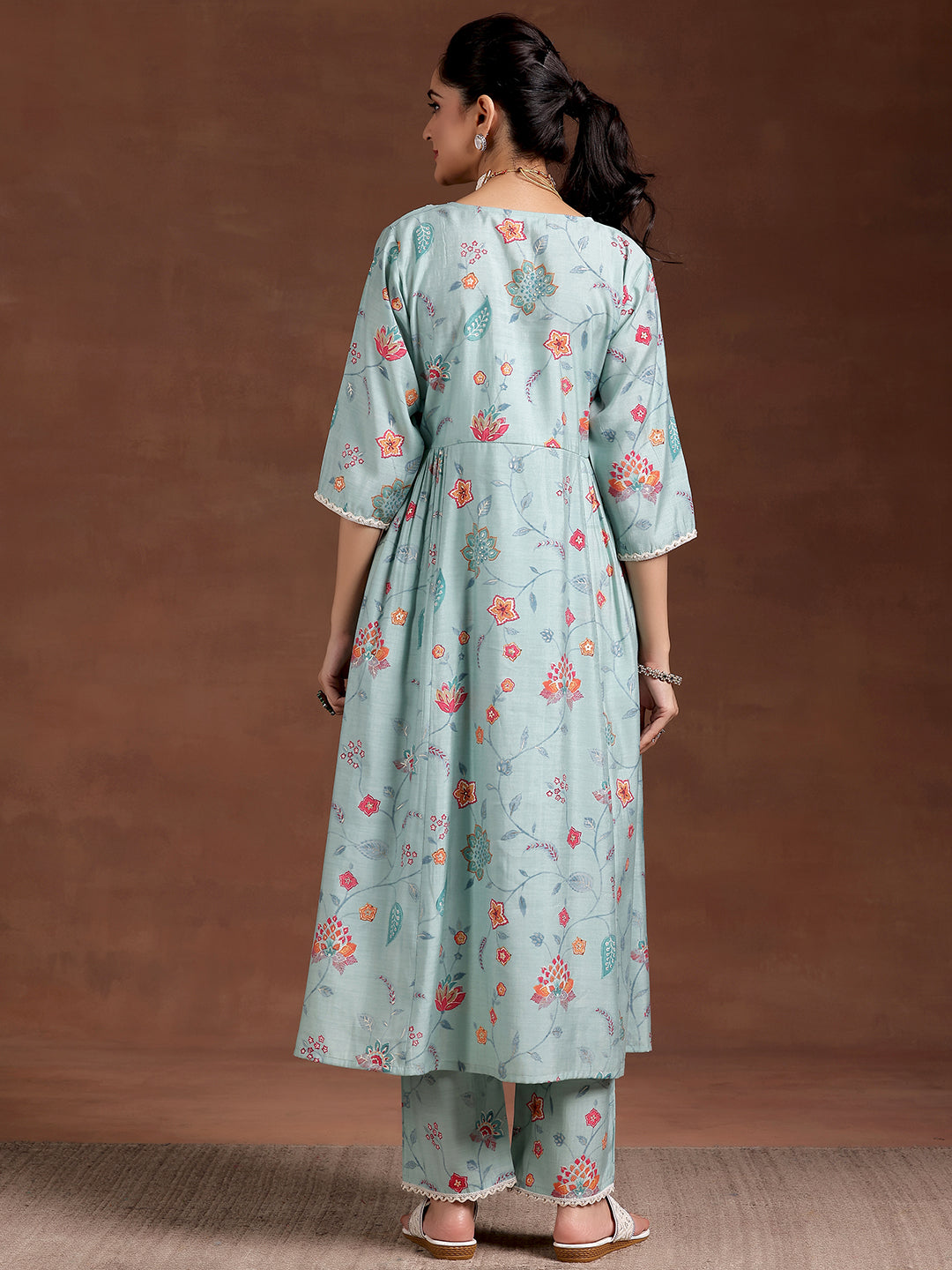 Blue Printed Silk Blend A-Line Kurta With Trousers