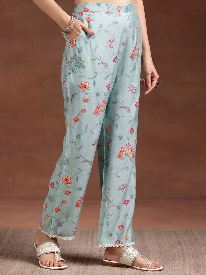 Blue Printed Silk Blend A-Line Kurta With Trousers