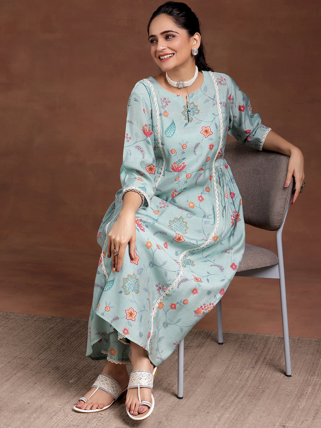 Blue Printed Silk Blend A-Line Kurta With Trousers