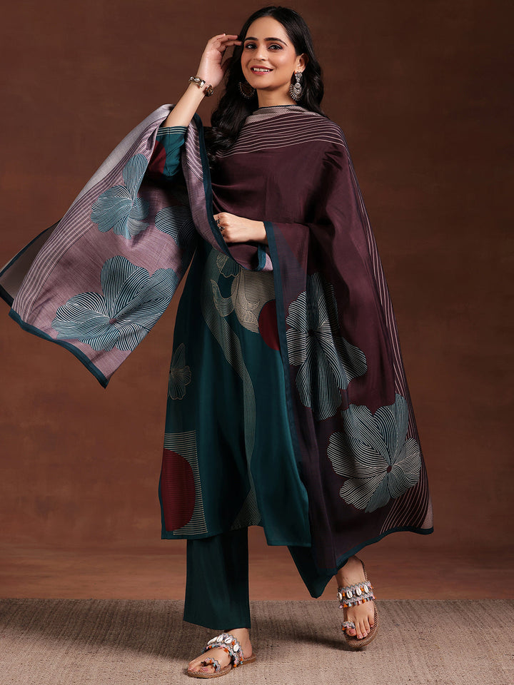 Teal Printed Silk Blend Straight Suit With Dupatta