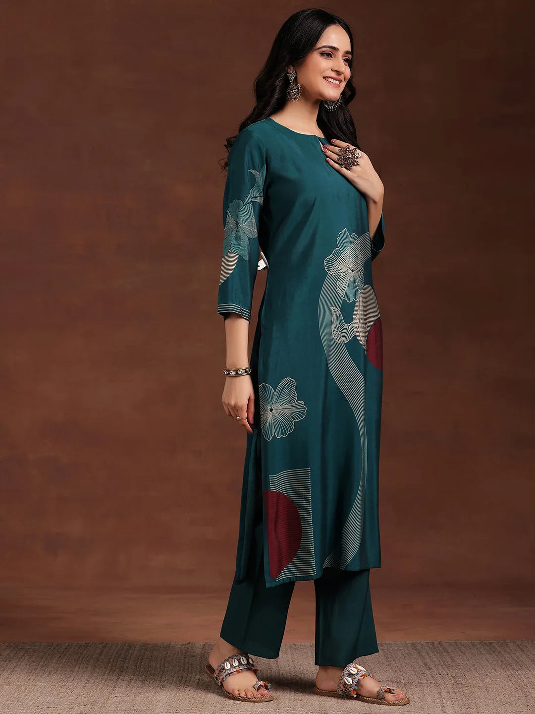 Teal Printed Silk Blend Straight Suit With Dupatta