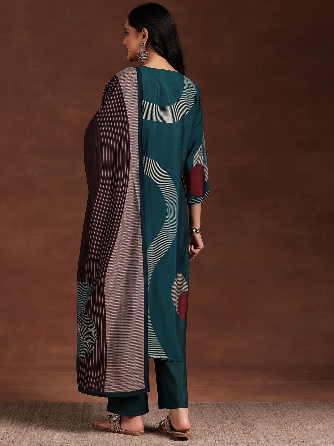 Teal Printed Silk Blend Straight Suit With Dupatta