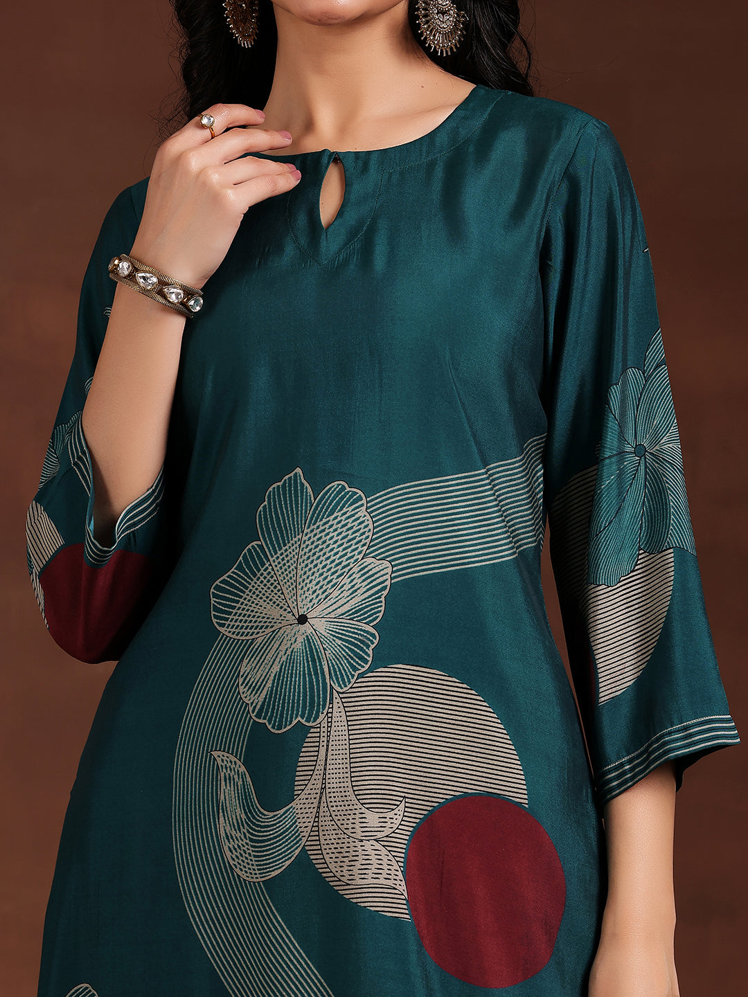 Teal Printed Silk Blend Straight Suit With Dupatta