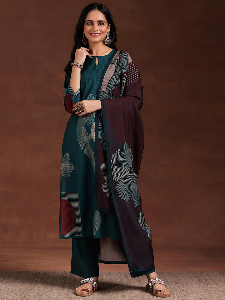 Teal Printed Silk Blend Straight Suit With Dupatta