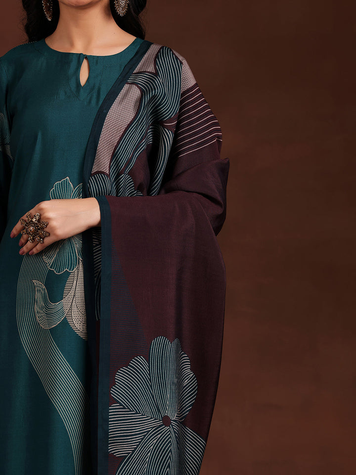 Teal Printed Silk Blend Straight Suit With Dupatta