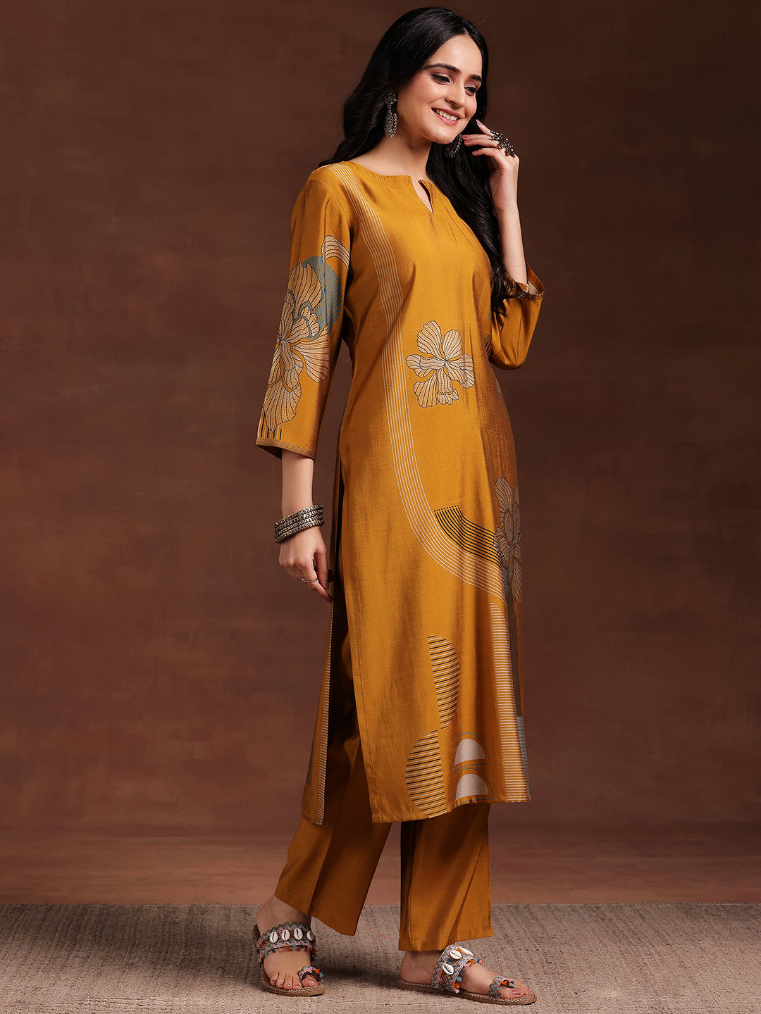 Mustard Printed Silk Blend Straight Suit With Dupatta