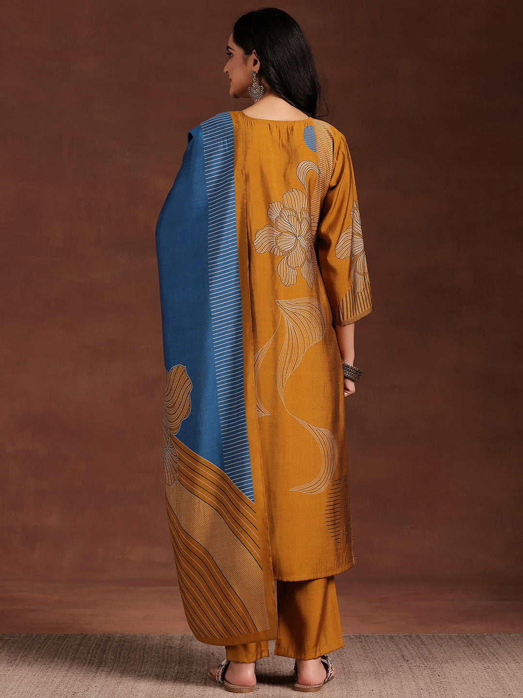 Mustard Printed Silk Blend Straight Suit With Dupatta