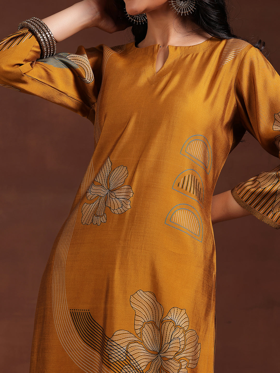 Mustard Printed Silk Blend Straight Suit With Dupatta