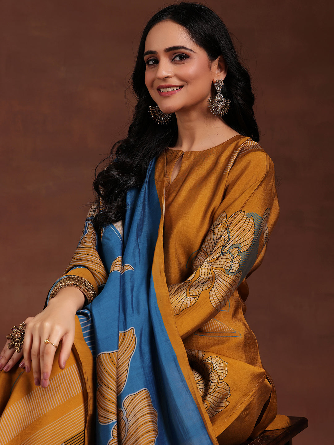 Mustard Printed Silk Blend Straight Suit With Dupatta