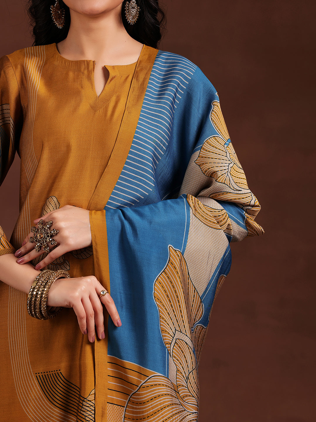 Mustard Printed Silk Blend Straight Suit With Dupatta