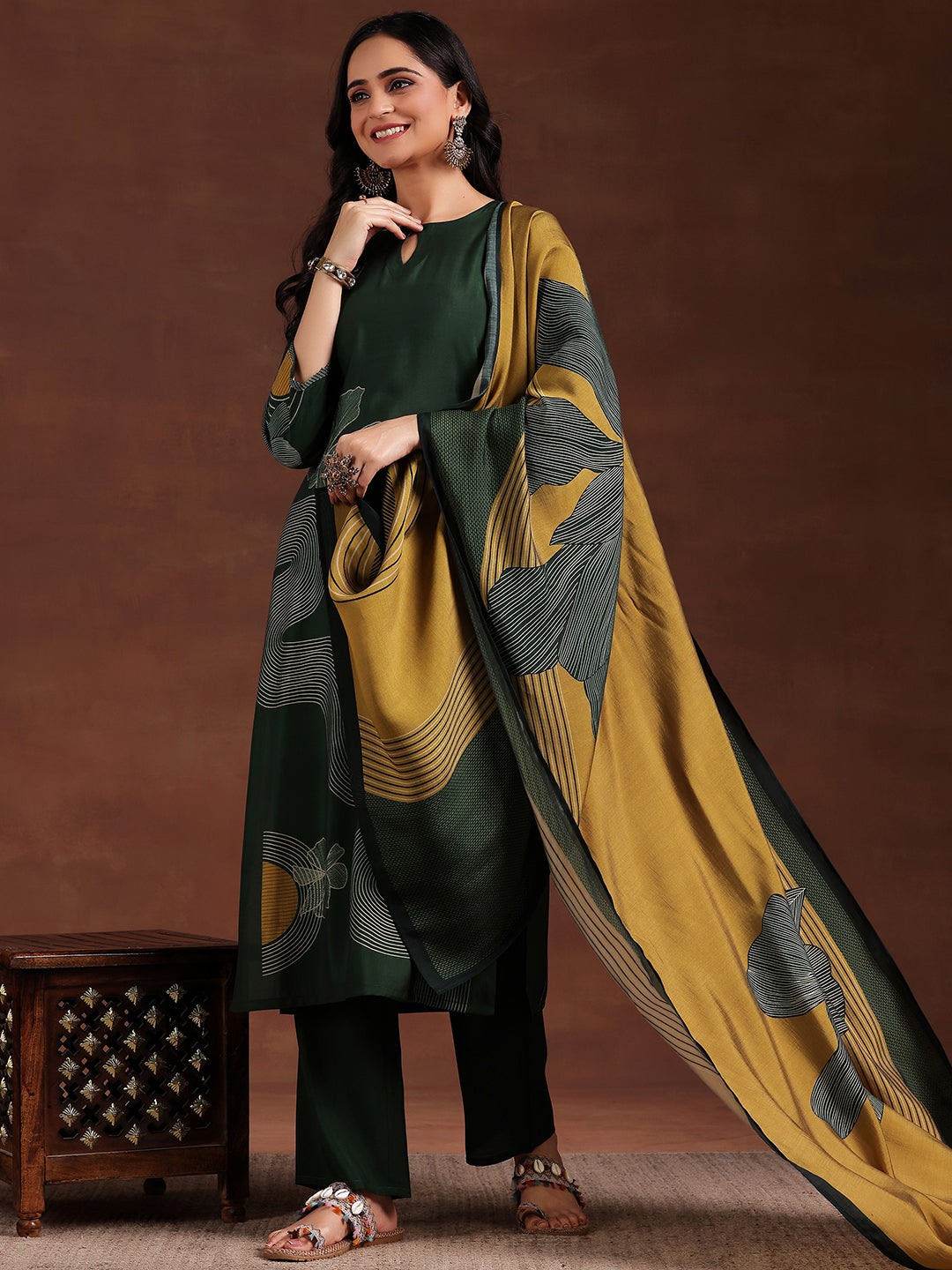 Green Printed Silk Blend Straight Suit With Dupatta