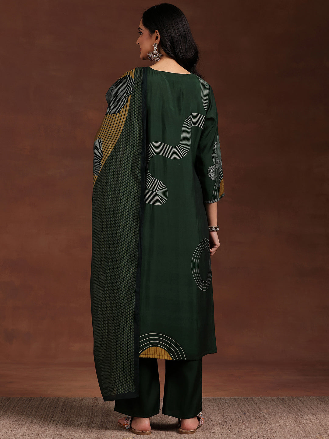 Green Printed Silk Blend Straight Suit With Dupatta