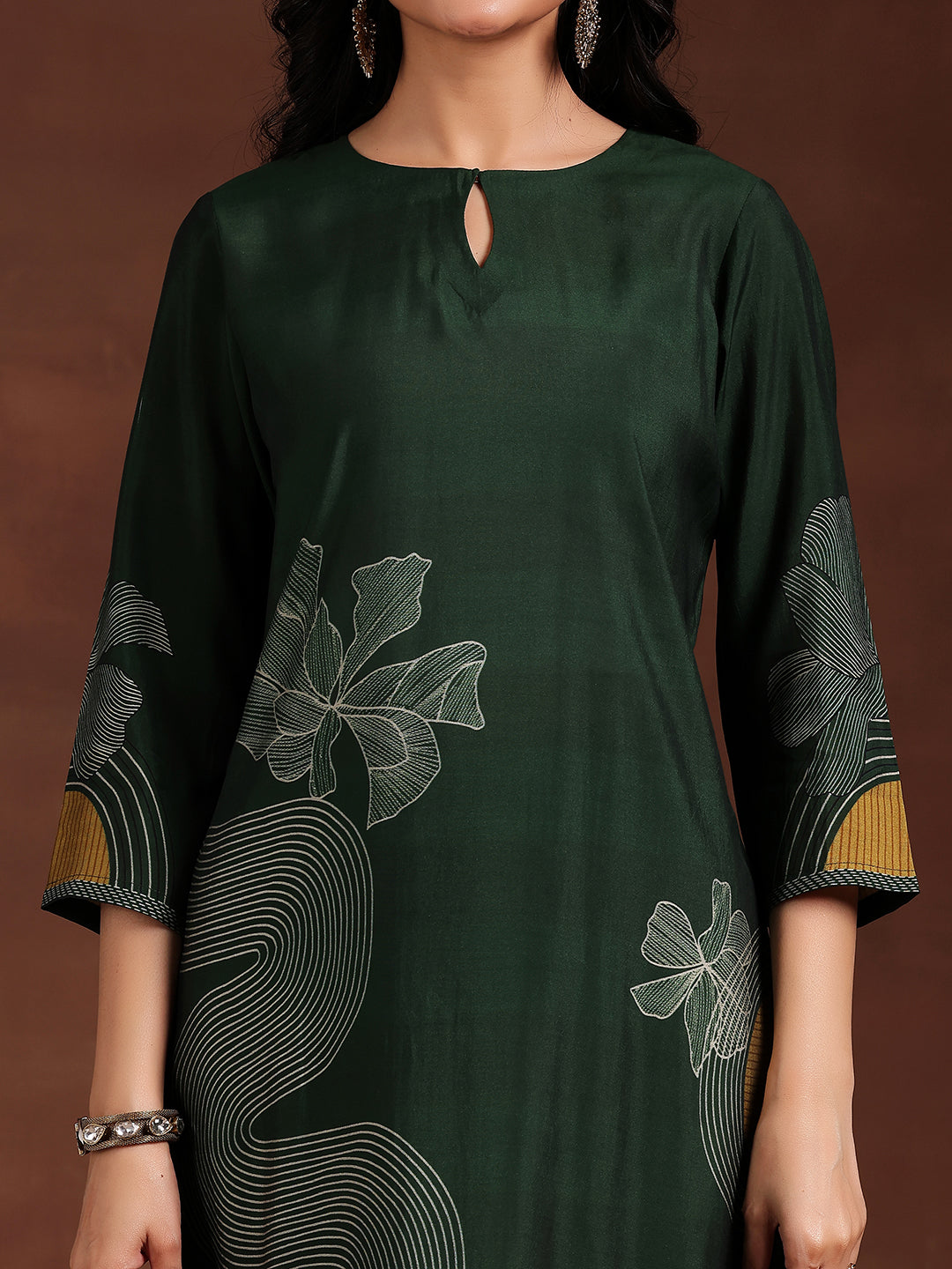 Green Printed Silk Blend Straight Suit With Dupatta