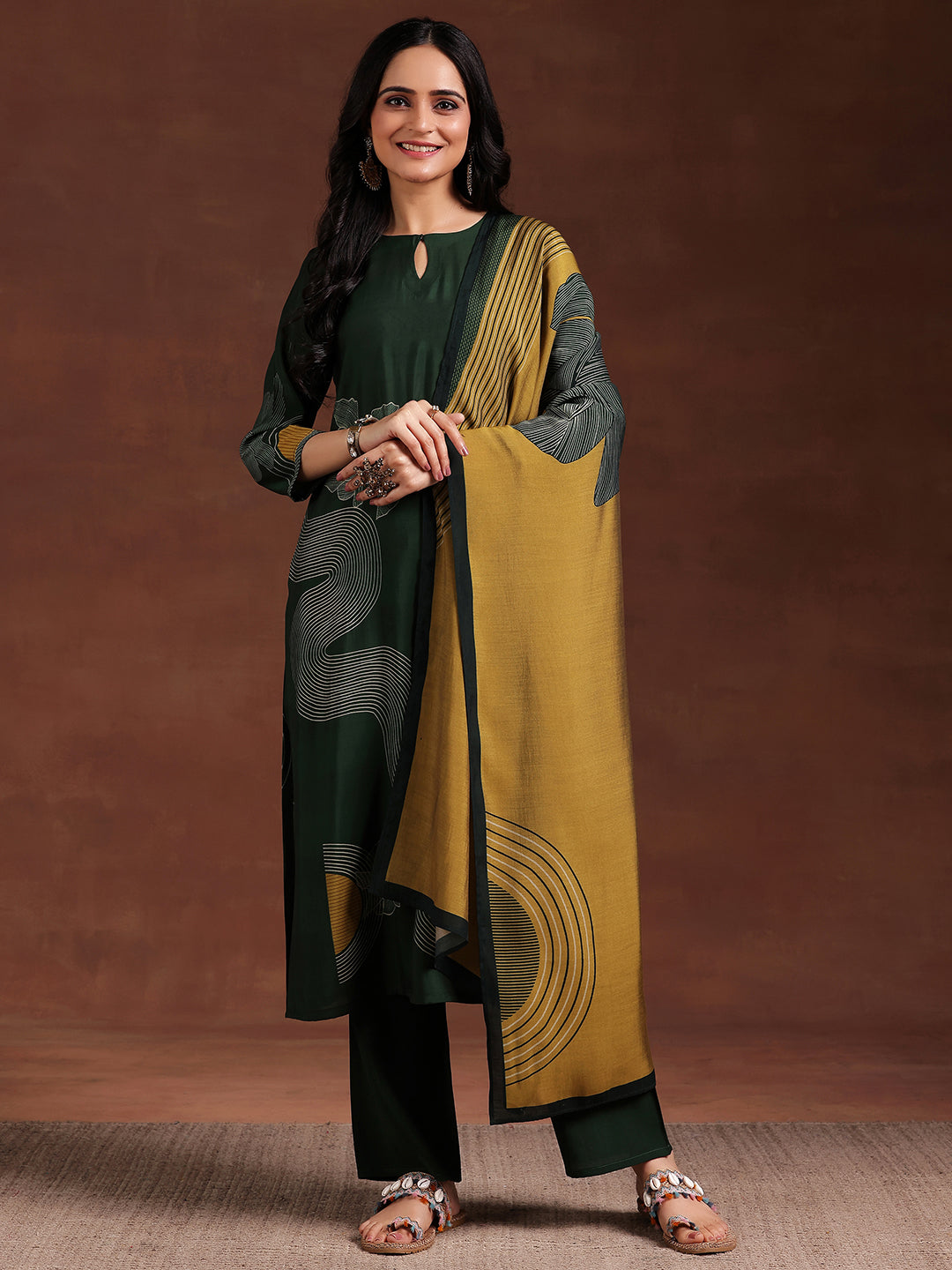 Green Printed Silk Blend Straight Suit With Dupatta