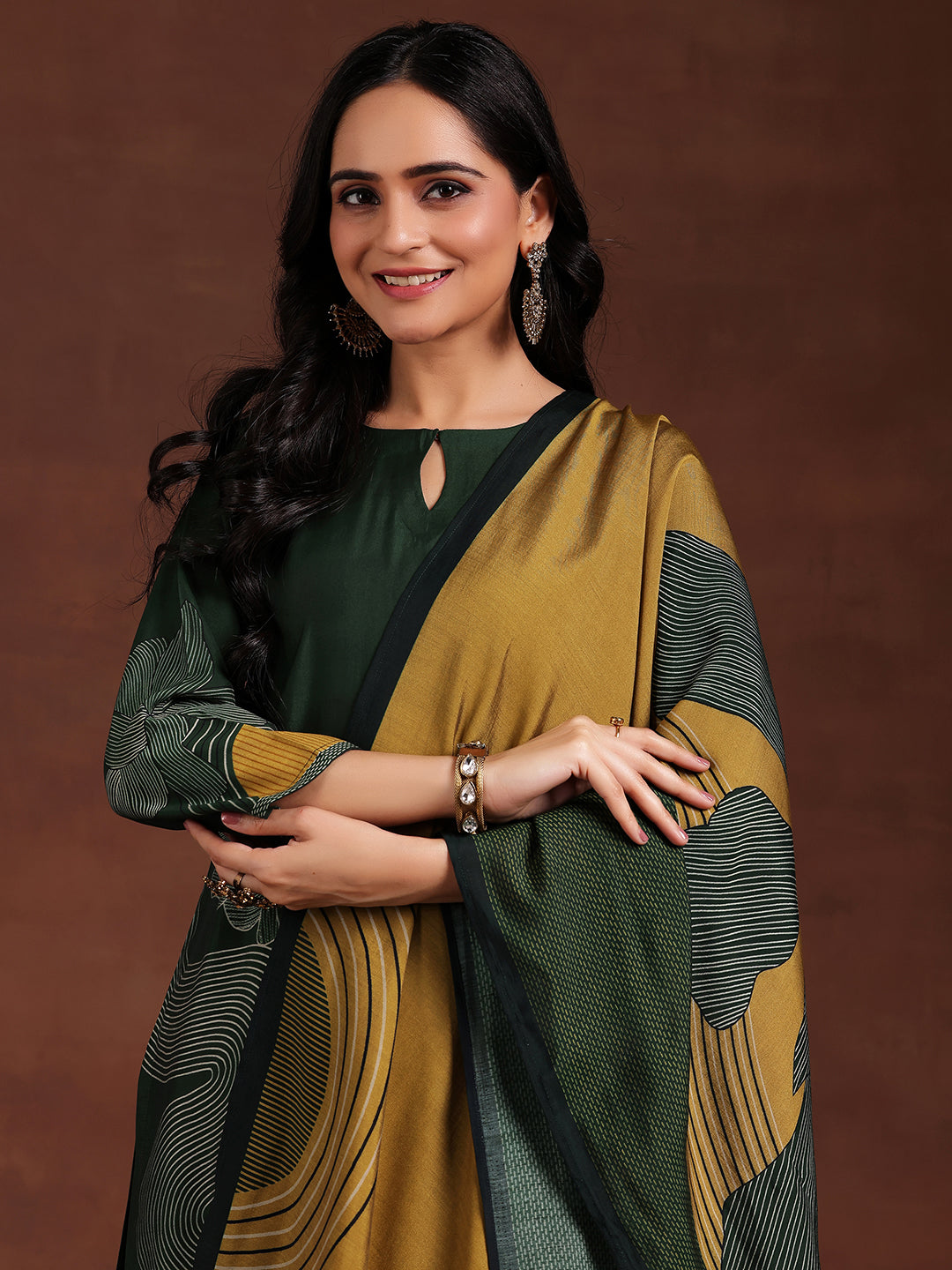 Green Printed Silk Blend Straight Suit With Dupatta