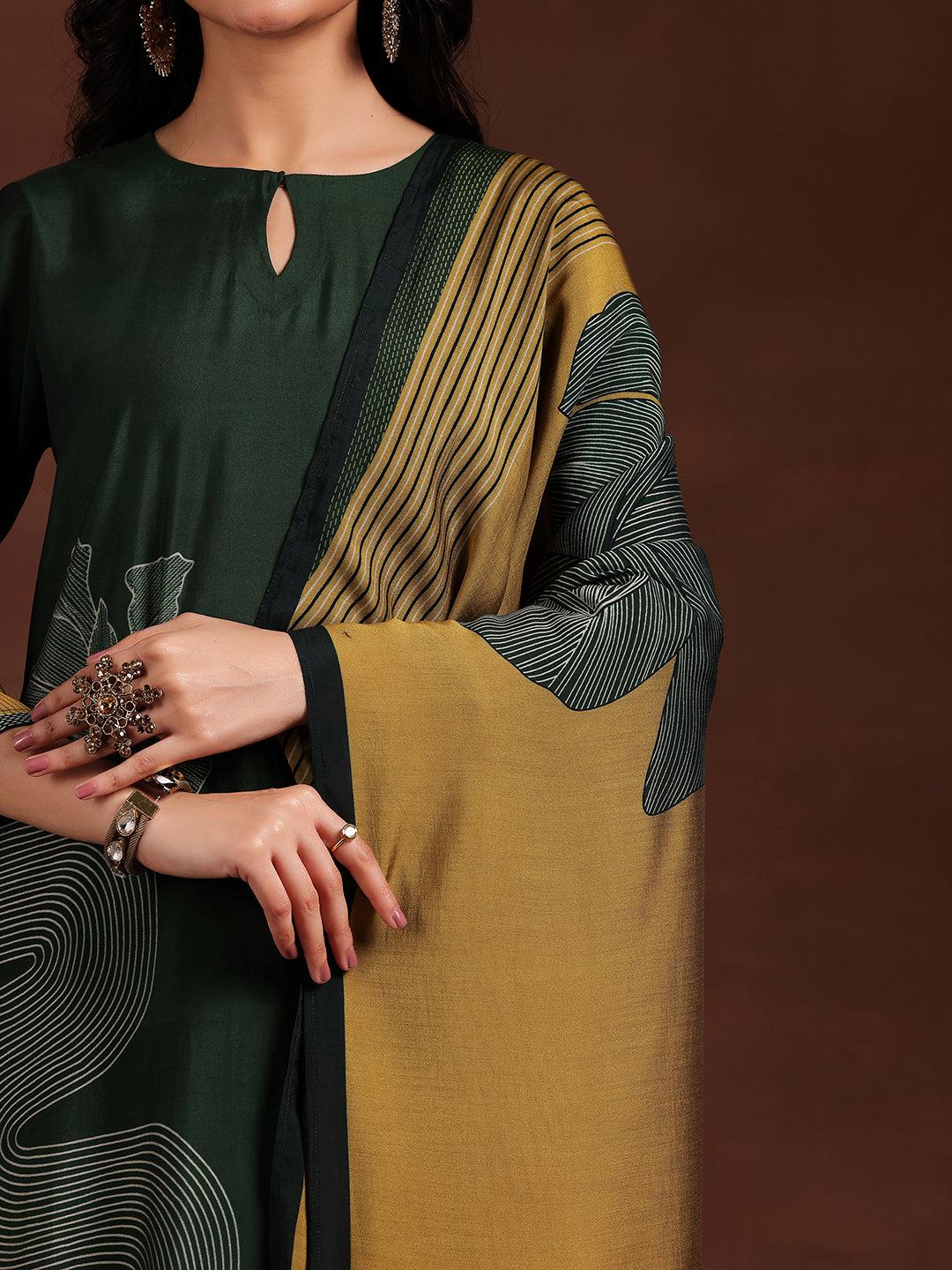 Green Printed Silk Blend Straight Suit With Dupatta