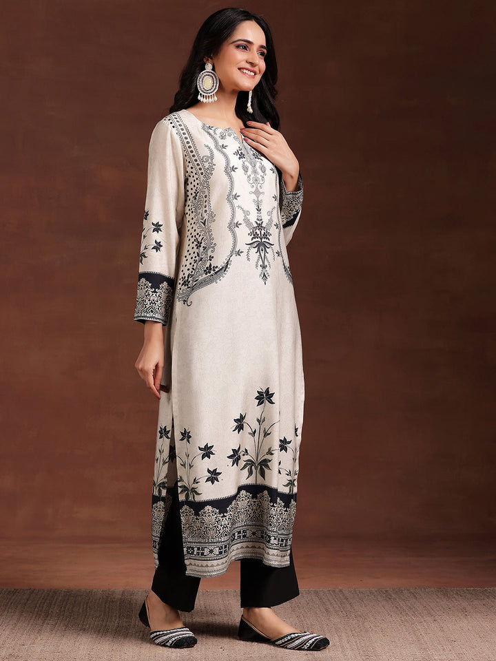 Monochrome Printed Silk Blend Straight Suit With Dupatta