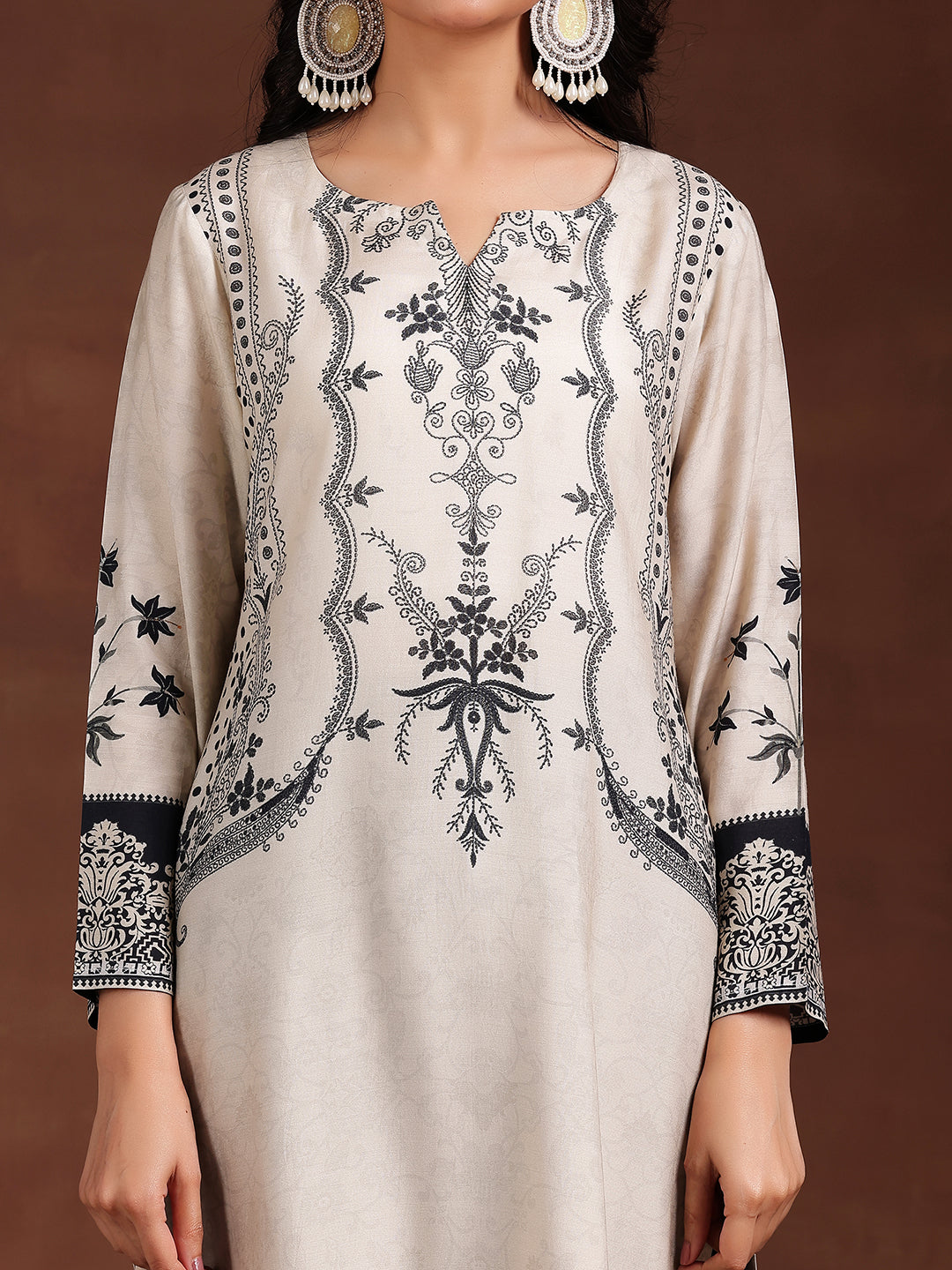 Monochrome Printed Silk Blend Straight Suit With Dupatta