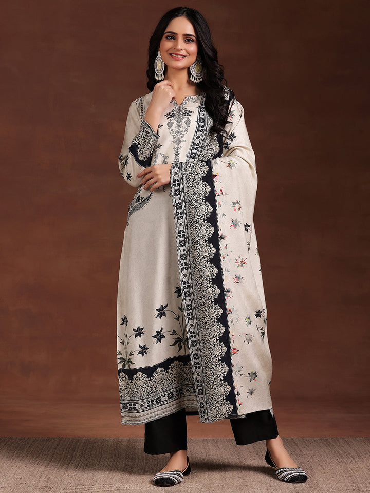 Monochrome Printed Silk Blend Straight Suit With Dupatta