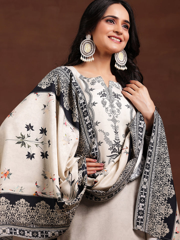 Monochrome Printed Silk Blend Straight Suit With Dupatta