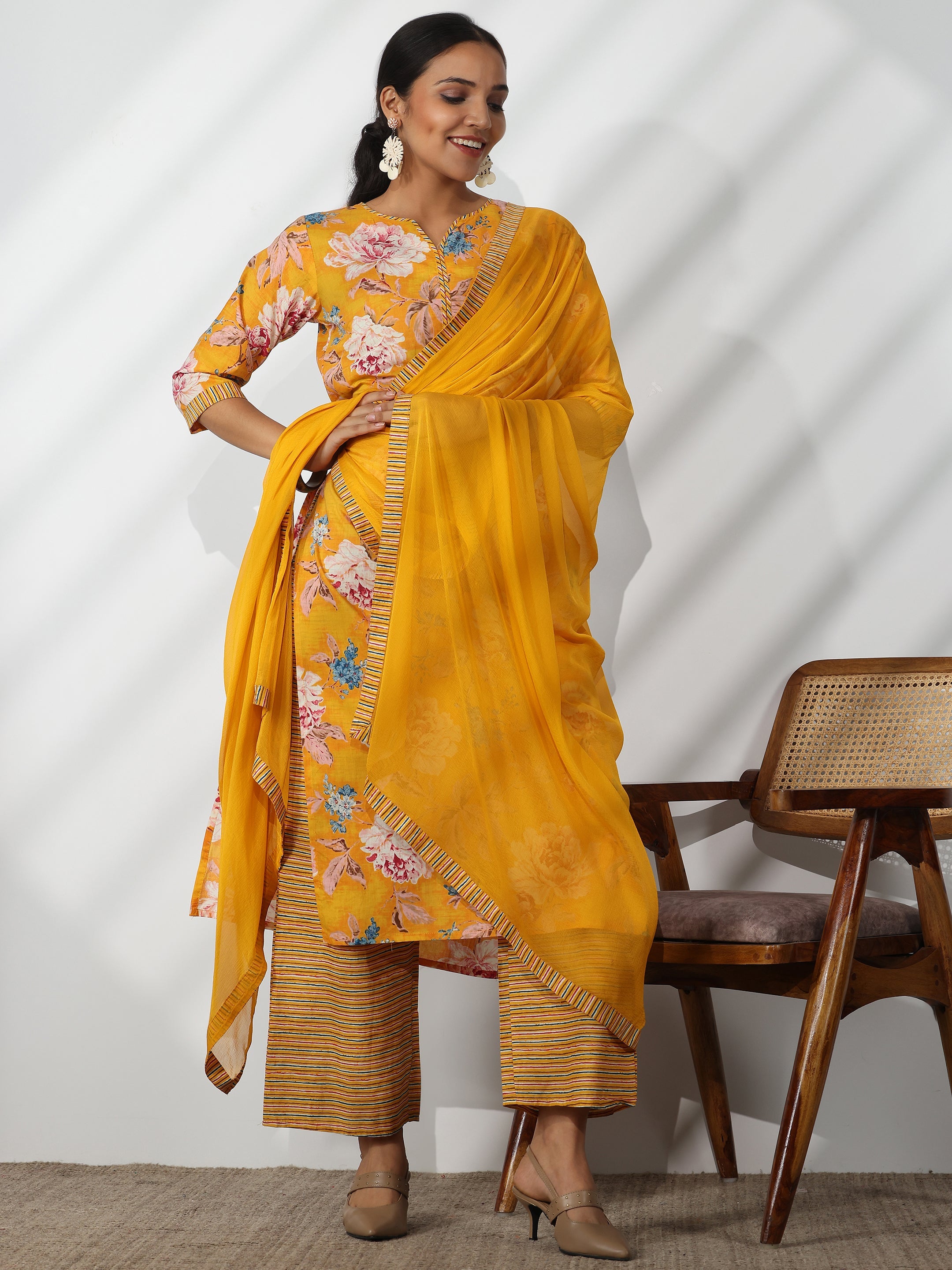 Mustard Printed Cotton Straight Suit With Dupatta