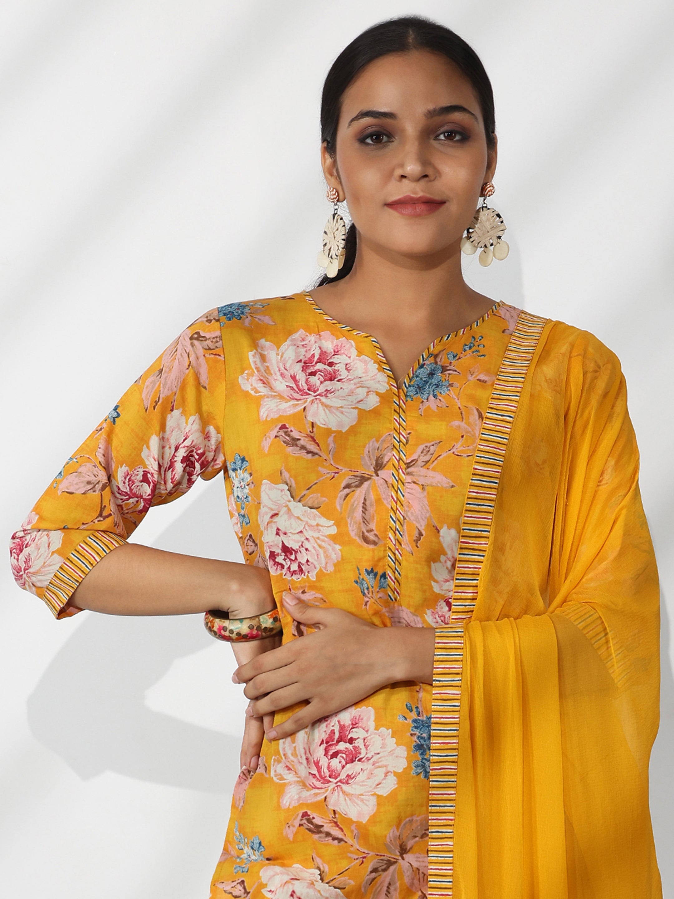 Mustard Printed Cotton Straight Suit With Dupatta