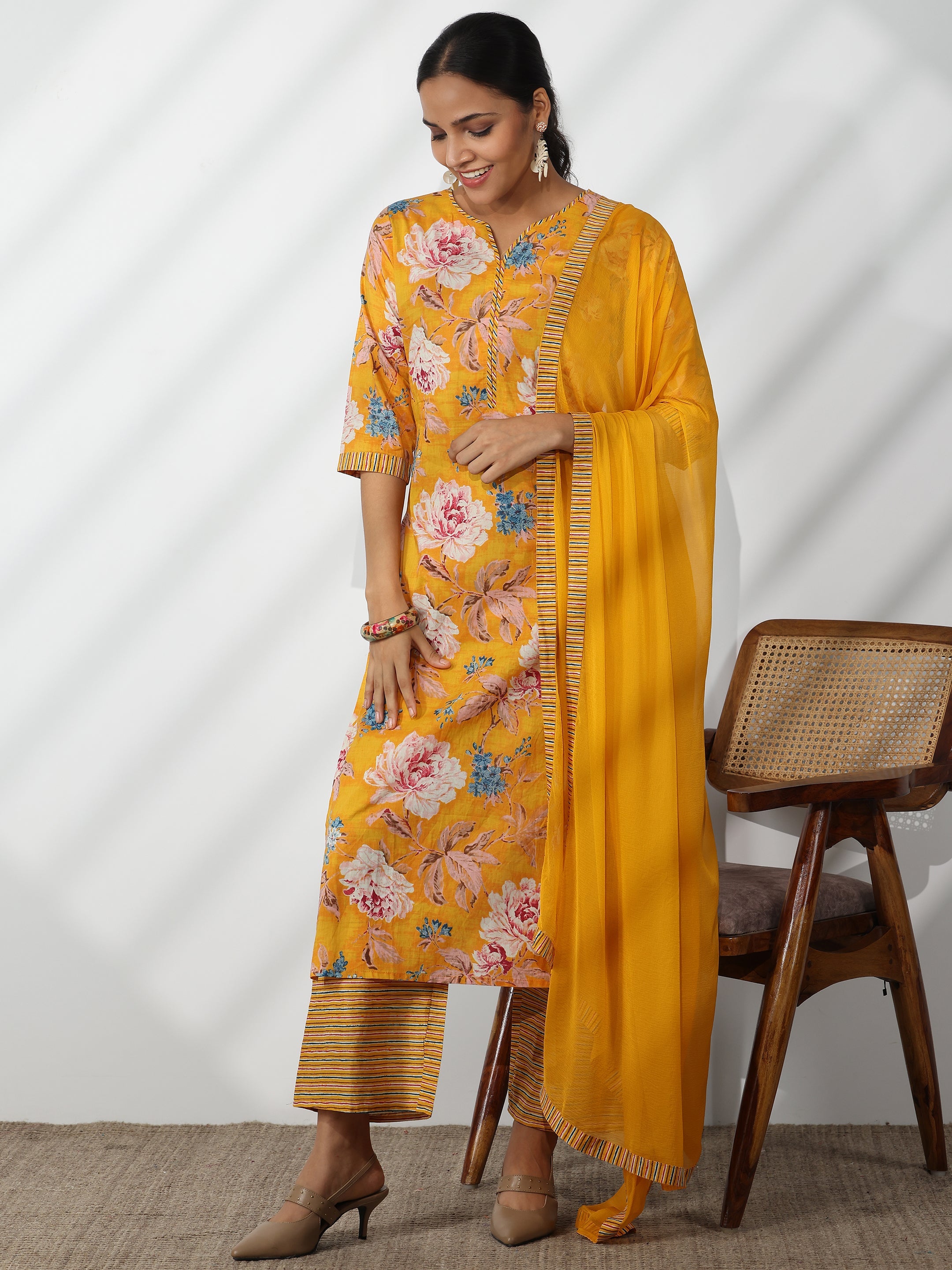 Mustard Printed Cotton Straight Suit With Dupatta