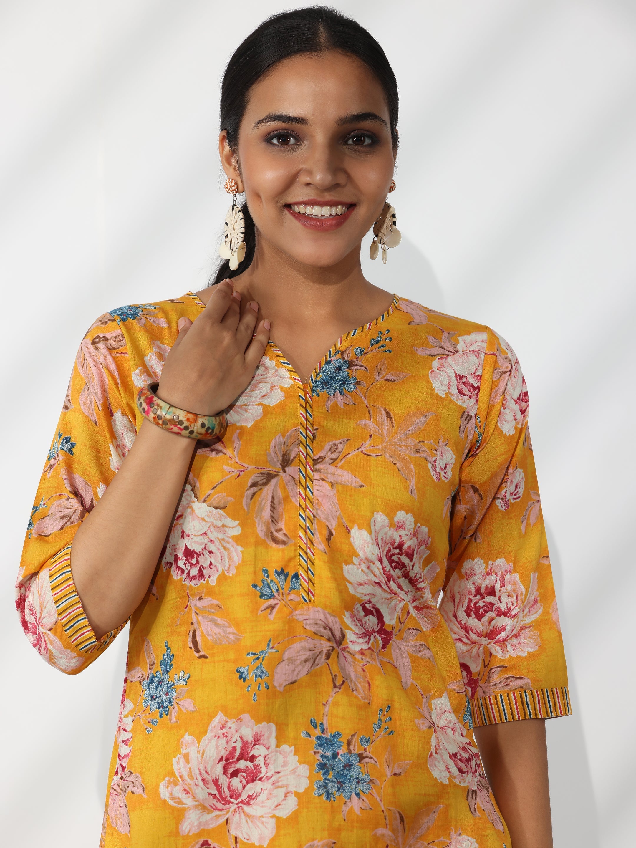 Mustard Printed Cotton Straight Suit With Dupatta