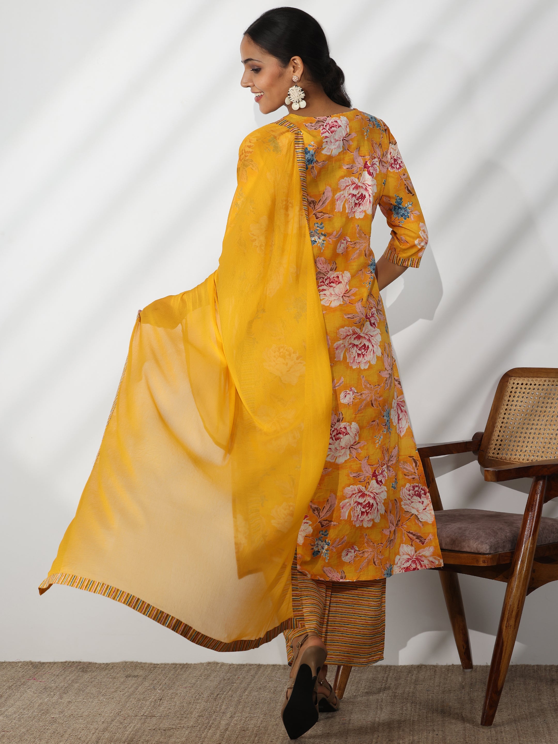 Mustard Printed Cotton Straight Suit With Dupatta