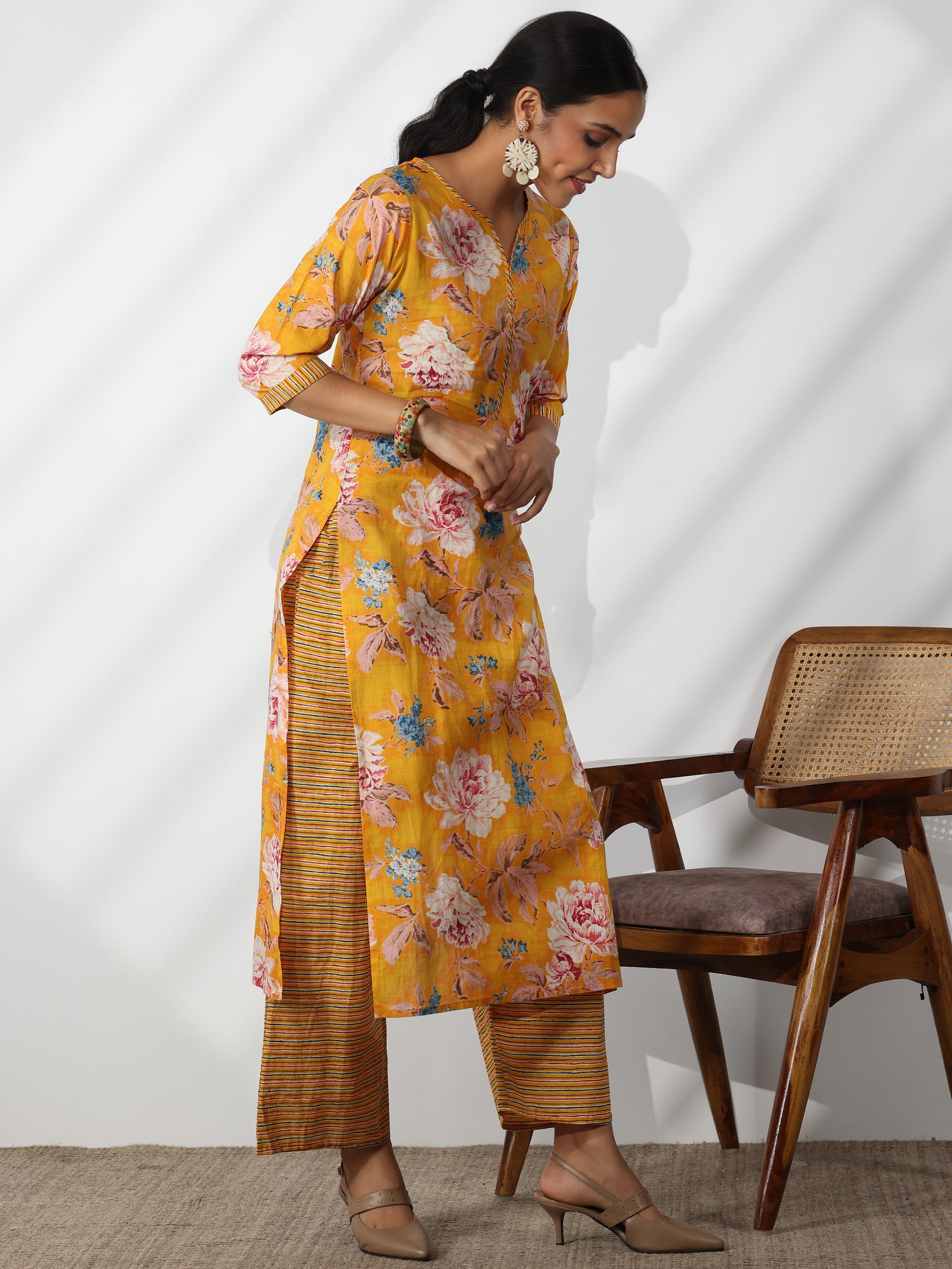 Mustard Printed Cotton Straight Suit With Dupatta