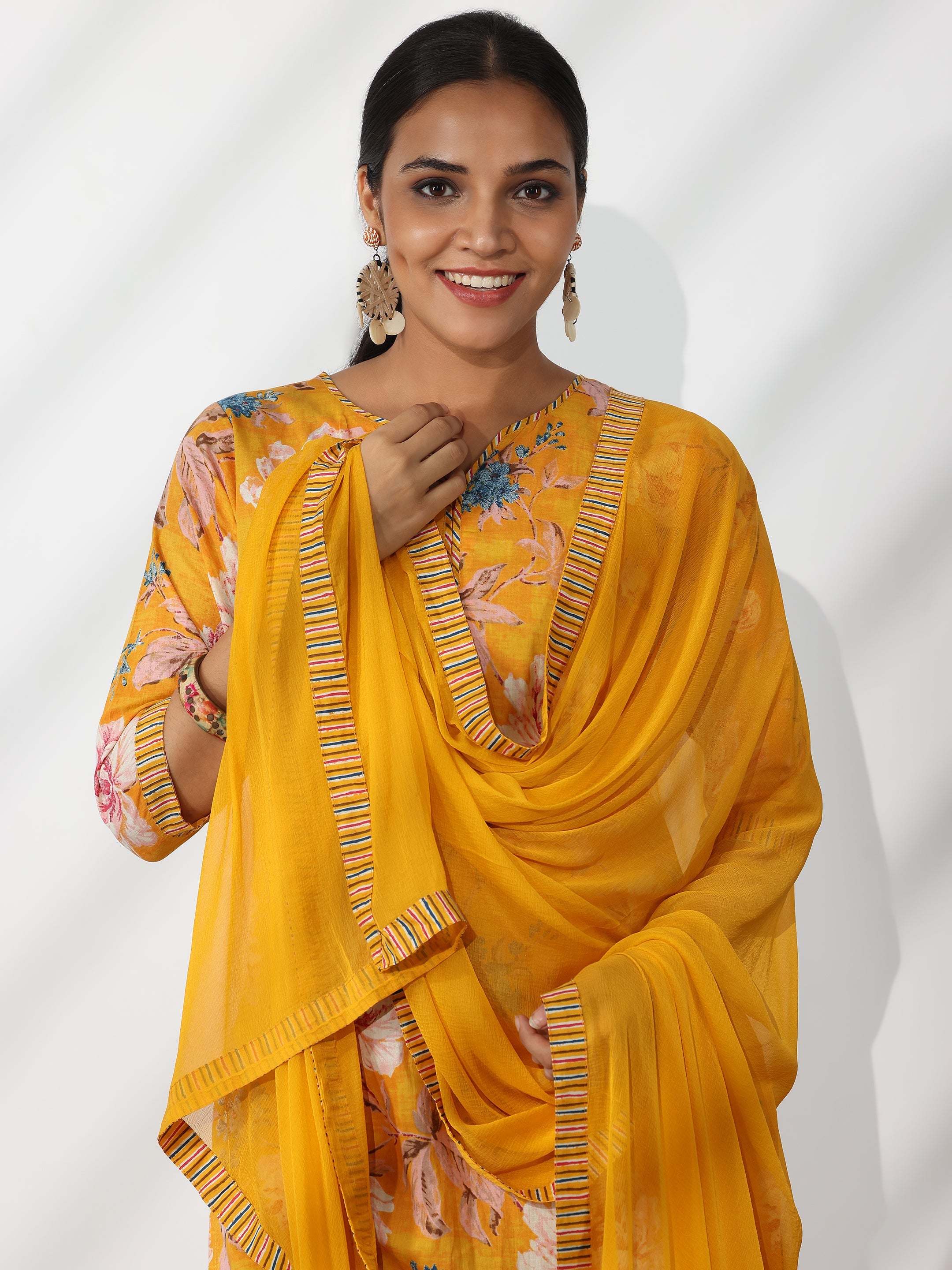 Mustard Printed Cotton Straight Suit With Dupatta